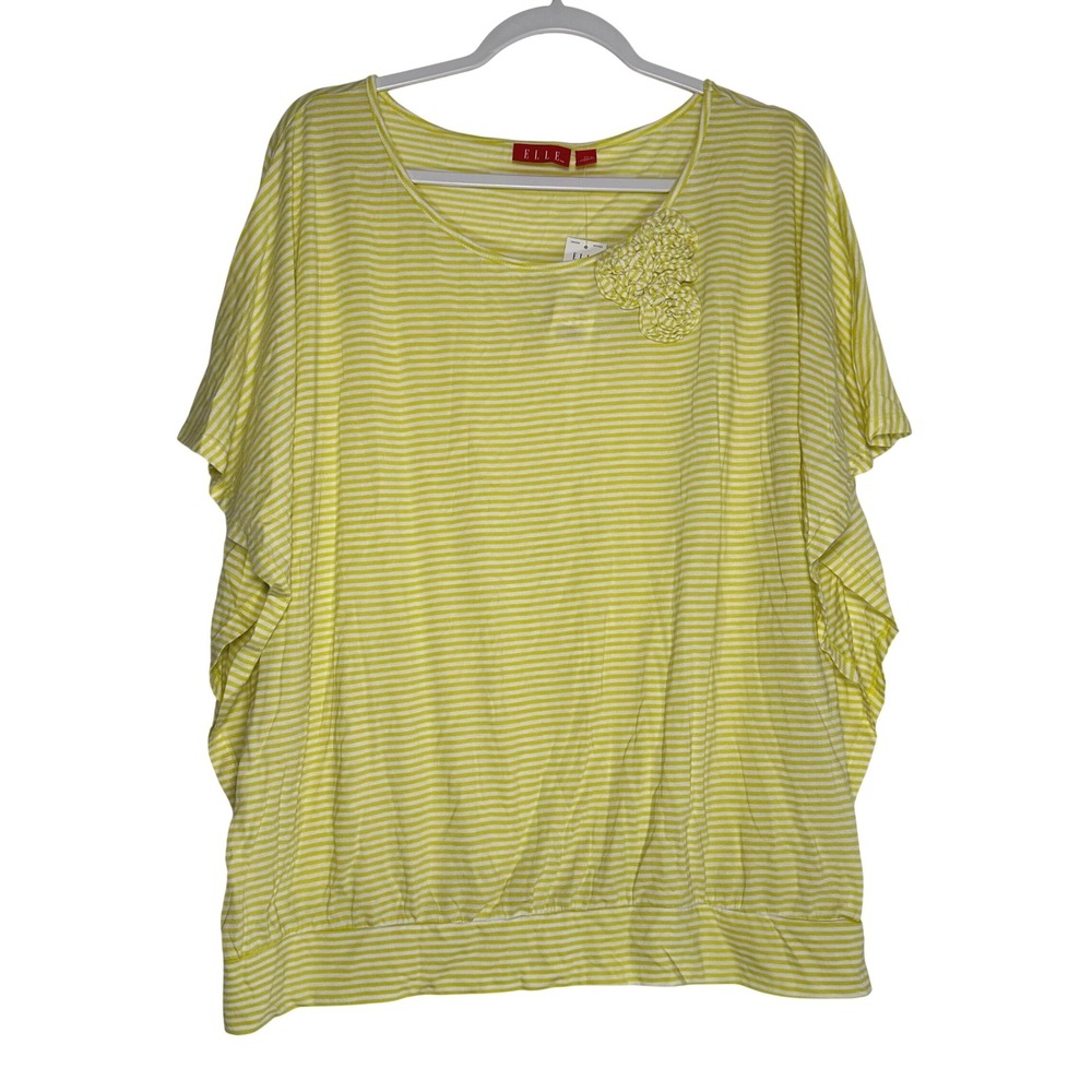 Elle Womens XL Lime Green Striped Dolman Sleeve Rosette Top